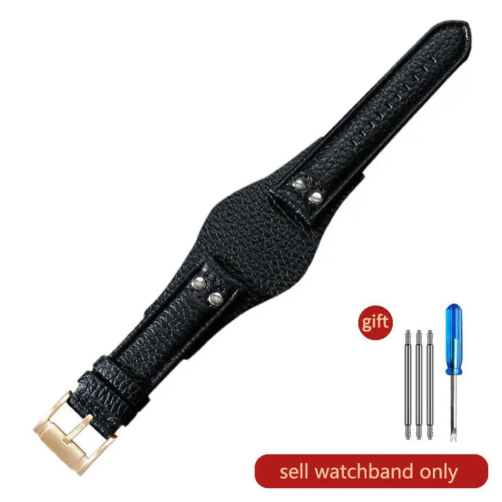 Genuine Leather Watch Strap for Fossil 22mm – Black & Brown, Rivet Style
