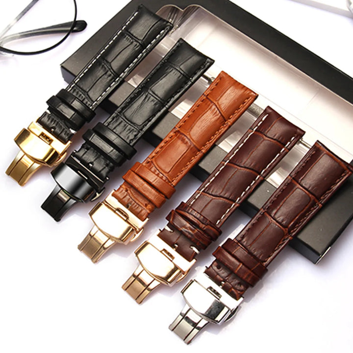 Genuine Leather Watch Band 18–24mm with Wooden Box & Butterfly Clasp