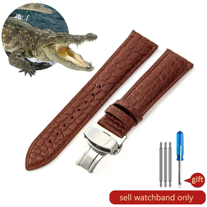 Crocodile Skin Genuine Leather Watch Band with Needle & Butterfly Buckle for