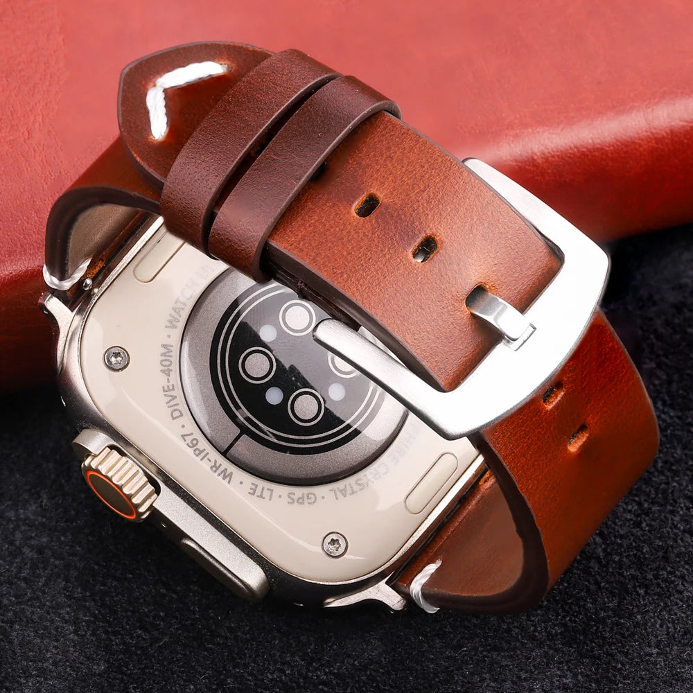 Handmade Vintage Leather Strap for Apple Watch 38-49mm Series 4-9, SE, Ultra
