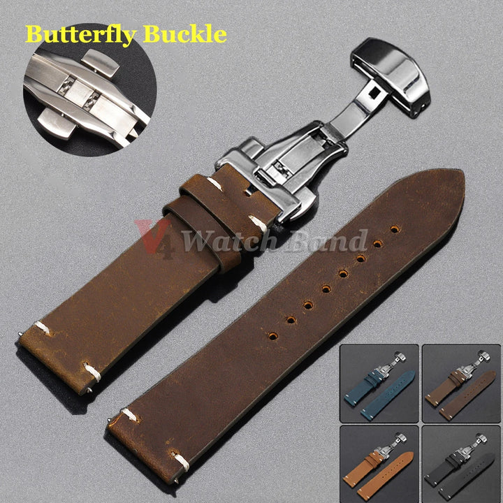 Stitched Cowhide Leather Watch Strap Brown (Butterfly Buckle, 18–24mm)