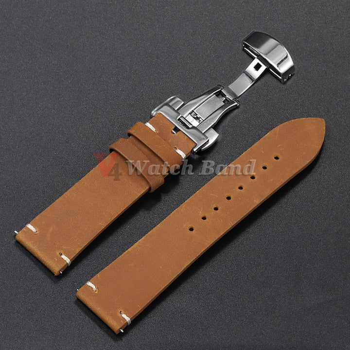 Stitched Cowhide Leather Watch Strap Brown (Butterfly Buckle, 18–24mm)
