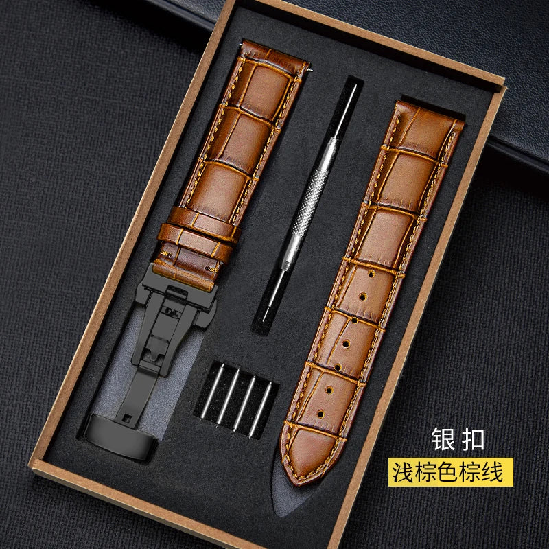 Genuine Leather Watch Band 18–24mm with Wooden Box & Butterfly Clasp