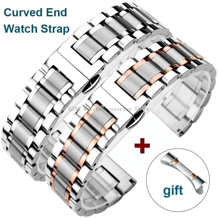 Curved End Solid Stainless Steel Watch Strap – Universal with Butterfly Buckle