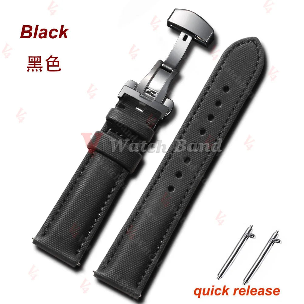 Sailcloth Nylon Leather Watchband for Omega Business Watch Band for Seiko 22mm 20mm Butterfly Buckle Stitching Green Blue Strap