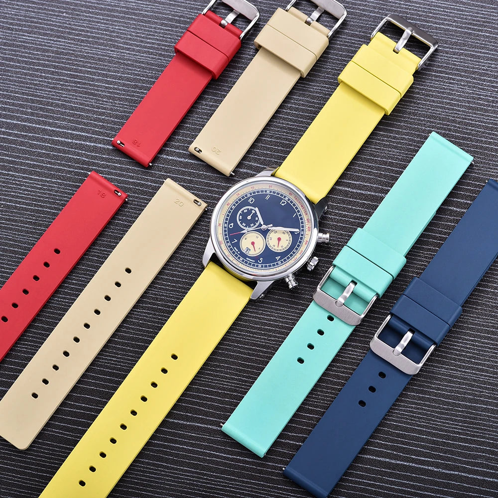 Premium Grade Flat Smooth FKM Rubber Watch Strap 16mm 18mm 20mm 22mm 24mm Soft Quick Release Rubber Watch Bands