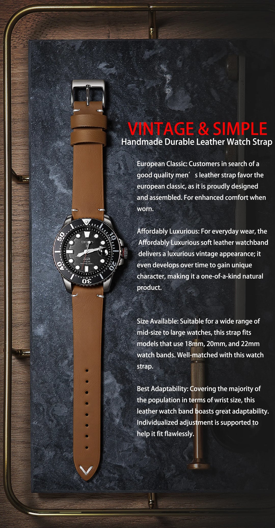 New Sport Vintage Leather Watch Band 18–22mm with Stainless Steel Buckle