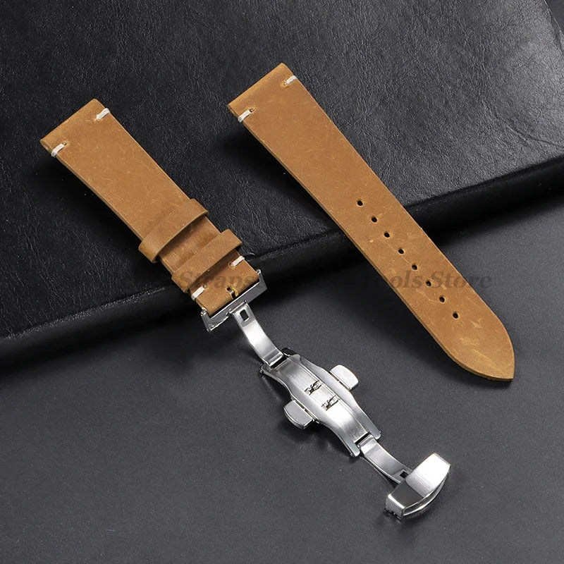 Stitching Cowhide Leather Watch Strap – 18–24mm, Vintage Brown, Butterfly Buckle