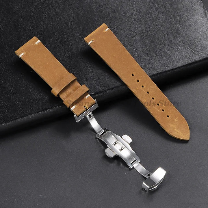 Stitching Cowhide Leather Watch Strap – 18–24mm, Vintage Brown, Butterfly Buckle