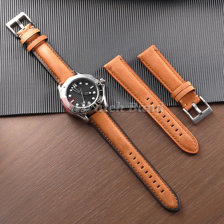 Cowhide Leather Watch Band 20–24mm for Fossil & Samsung (Brown, Quick Release)