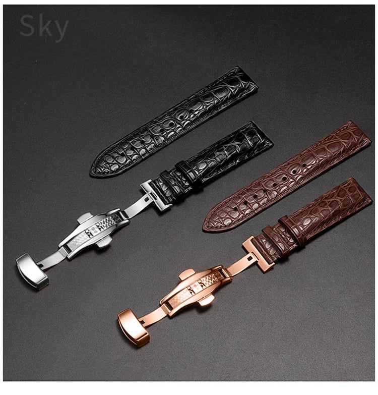 Crocodile Skin Genuine Leather Watch Band with Needle & Butterfly Buckle for