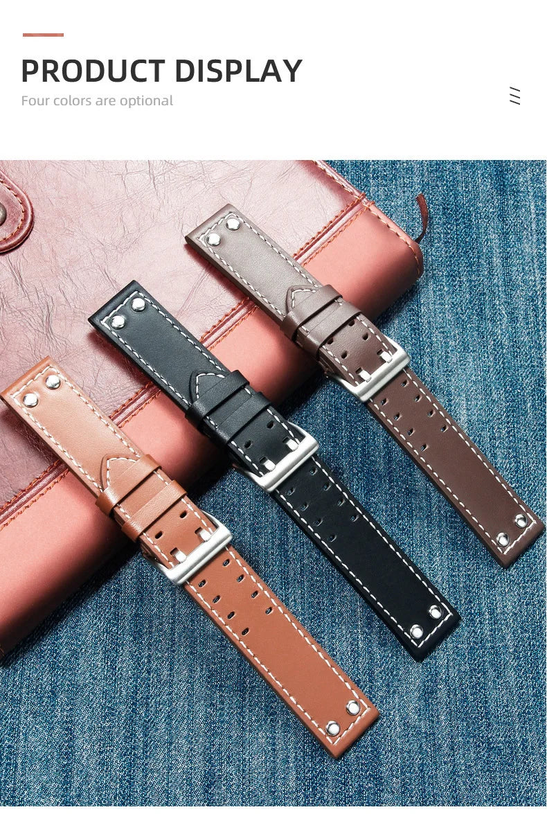 Double Row Hole Leather Watch Strap 20/22mm for Hamilton & Seiko