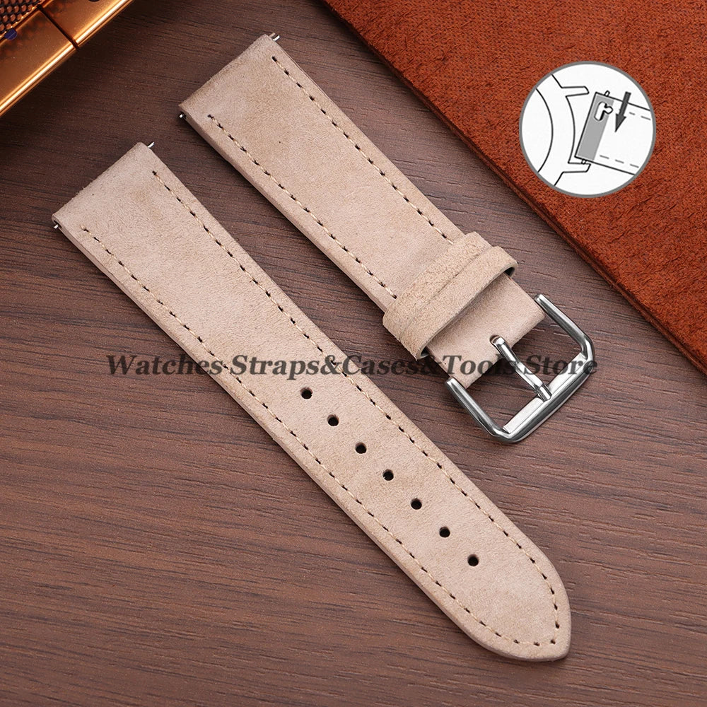 Vintage Suede Cowhide Leather Watch Strap (18–22mm, Quick Release)