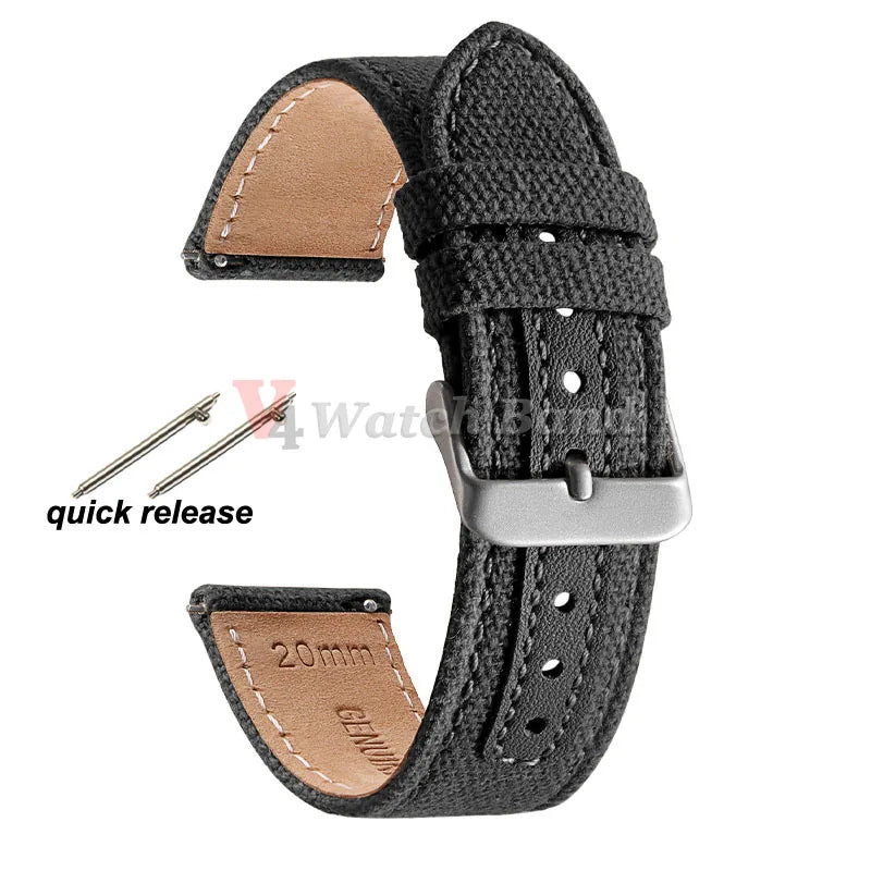 Genuine Leather & Nylon Watch Band 20–22mm (Quick Release, Vintage Weave)