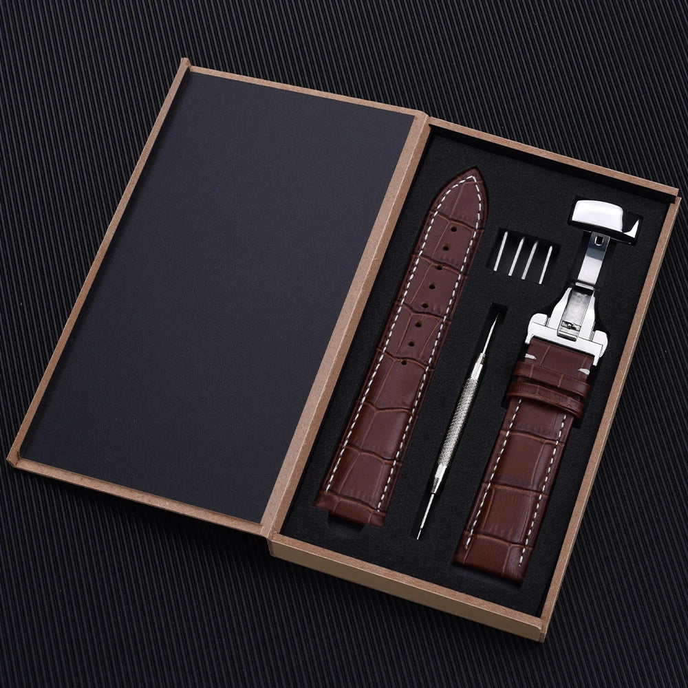 Cowhide Leather Watch Strap with Butterfly Clasp (18-22mm)