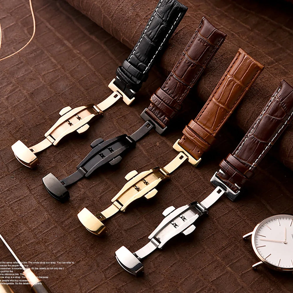 Genuine Leather Watch Band 18–24mm with Wooden Box & Butterfly Clasp