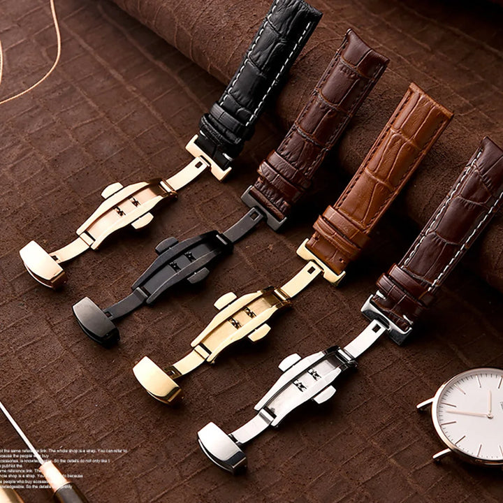 Genuine Leather Watch Band 18–24mm with Wooden Box & Butterfly Clasp