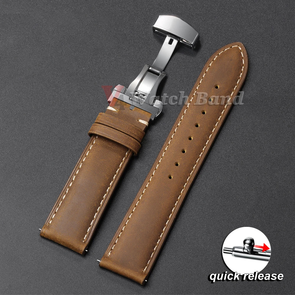 Genuine Calfskin Leather Watchband for Omega Business Watch Band for Seiko 22mm 20mm 18mm Butterfly Buckle Stitching Brown Strap