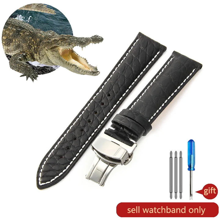 Crocodile Skin Genuine Leather Watch Band with Needle & Butterfly Buckle for