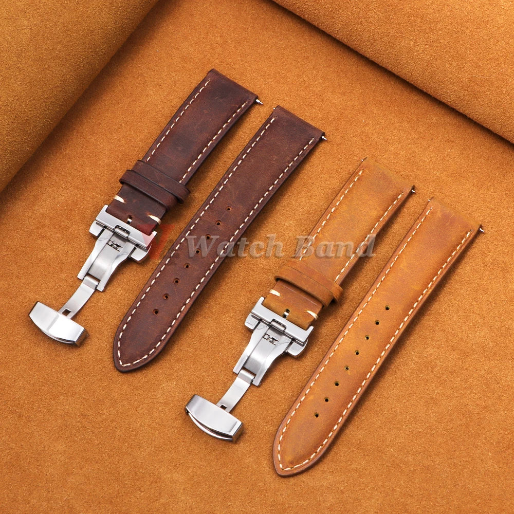 Genuine Calfskin Leather Band for Omega Business Watch Band for Seiko 14/16/18/20/22/24mm Butterfly Buckle Stitching Brown Strap