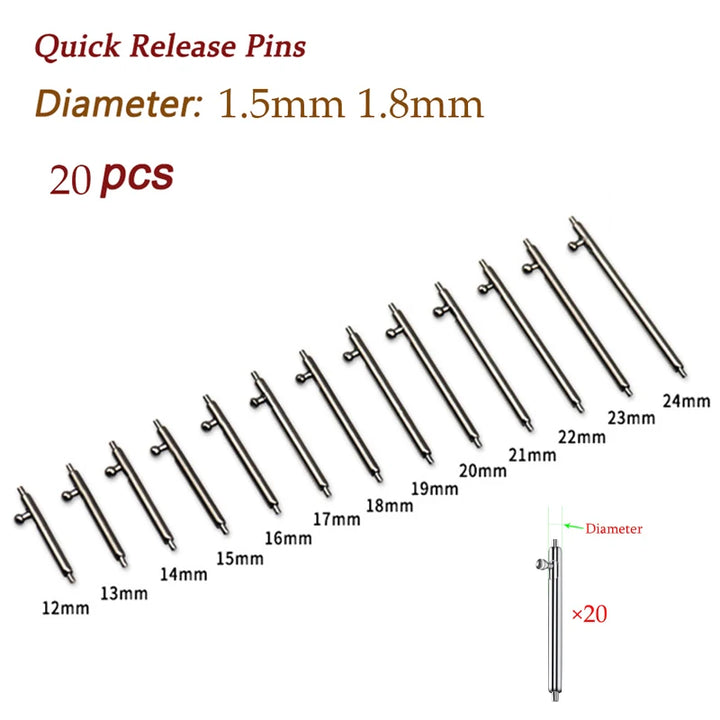 20pcs Stainless Steel Spring Bars – 12–24mm, Quick Release