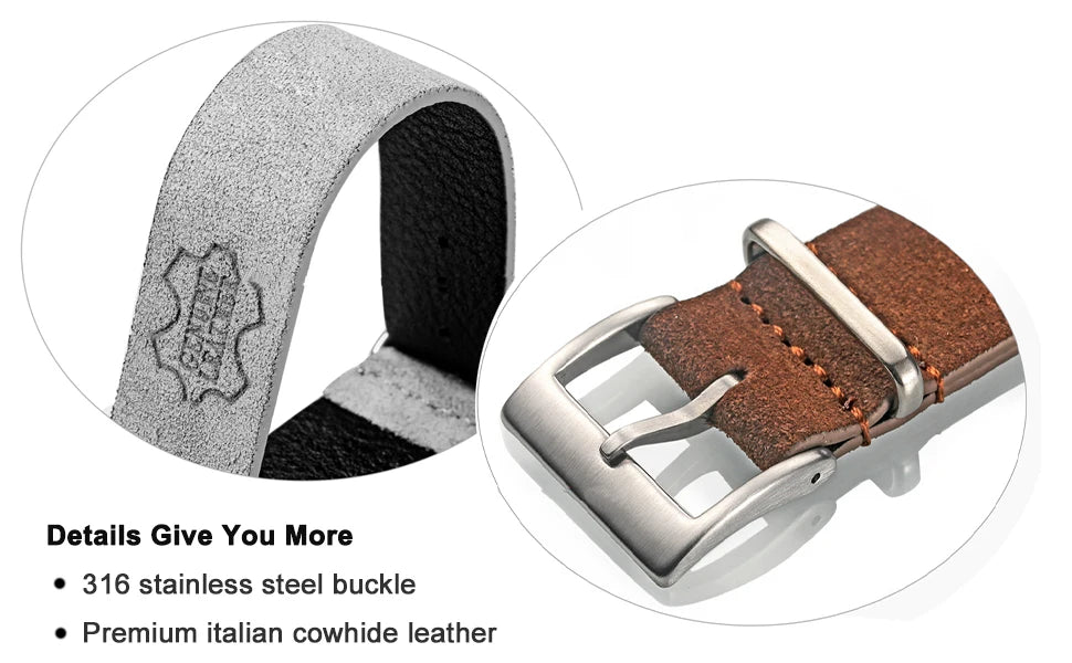 HEMSUT Genuine Suede Leather One-Piece Watch Strap 18-22mm Vintage Military Style