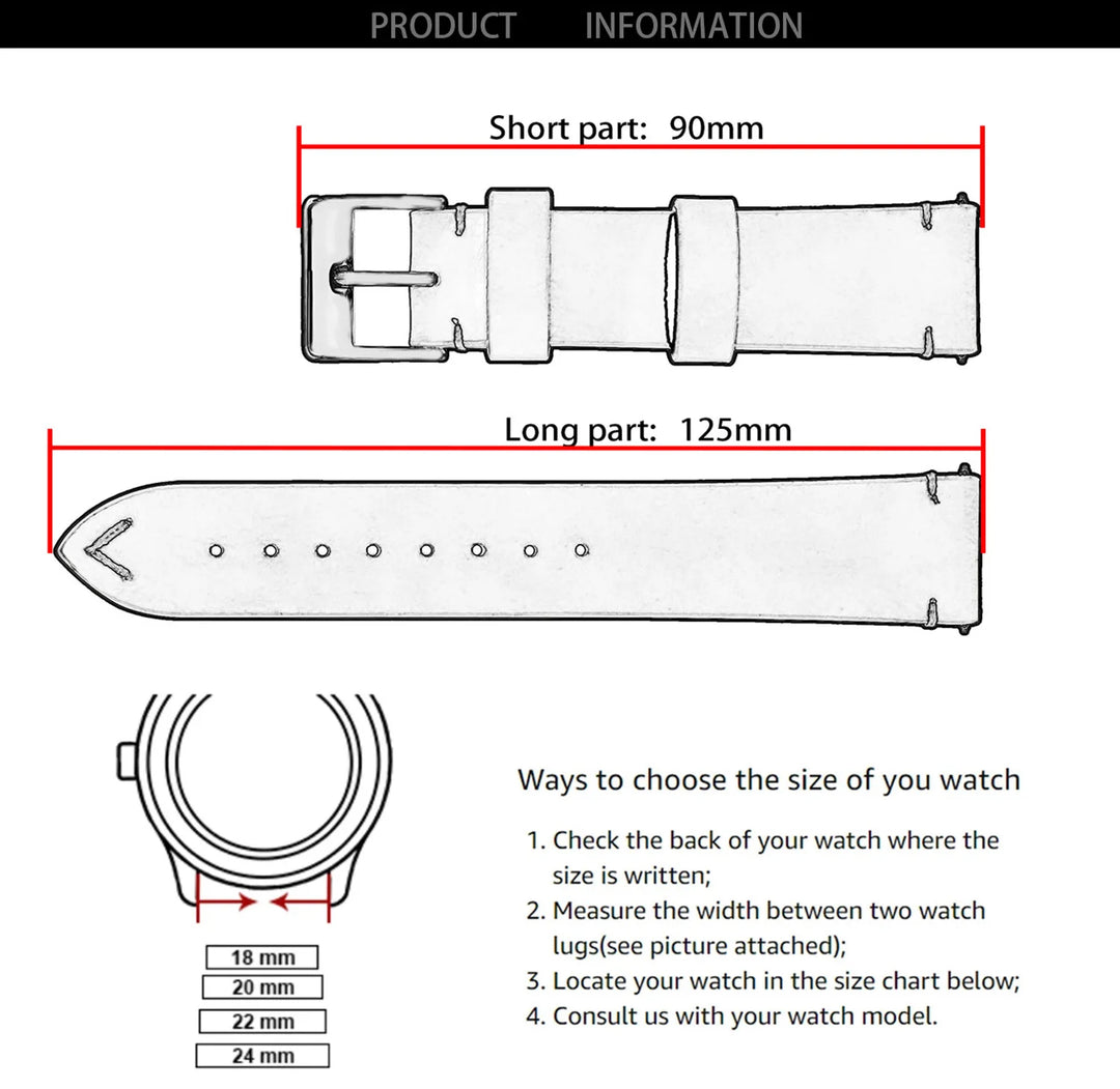 Sport Vintage Leather Watch Band 18–22mm with Stainless Steel Buckle