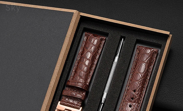Crocodile Skin Genuine Leather Watch Band with Needle & Butterfly Buckle for