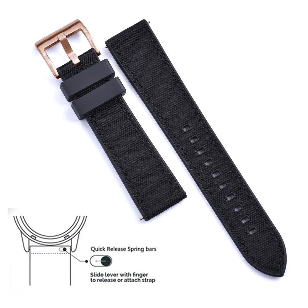 New Design Hybrid FKM Watch Strap 20mm 22mm Fluoro Rubber Canvas Nylon Watchbands Quick Release For Each Brand Diving Watches