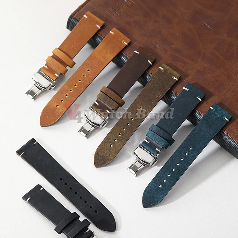 Stitched Cowhide Leather Watch Strap Brown (Butterfly Buckle, 18–24mm)