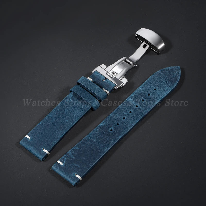 Stitching Cowhide Leather Watch Strap – 18–24mm, Vintage Brown, Butterfly Buckle