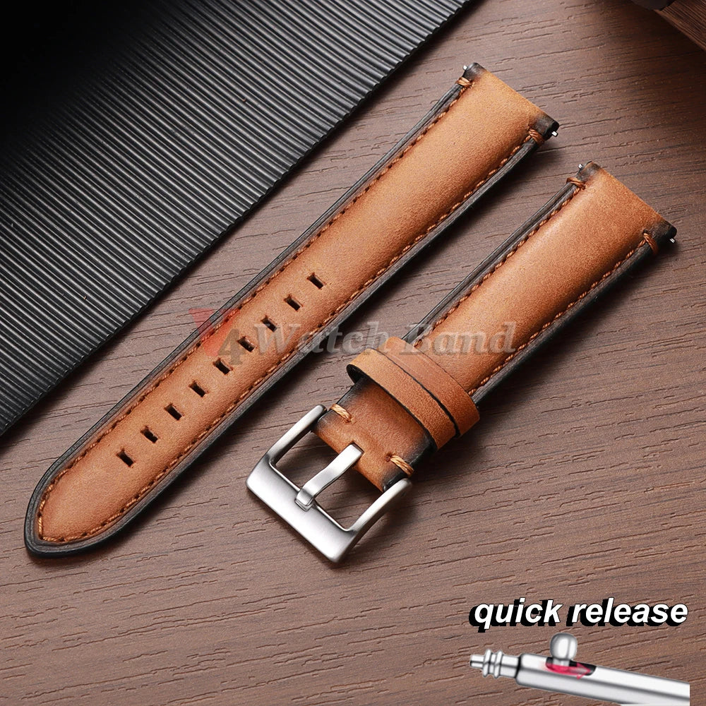 Cowhide Leather Watch Band 20–24mm for Fossil & Samsung (Brown, Quick Release)