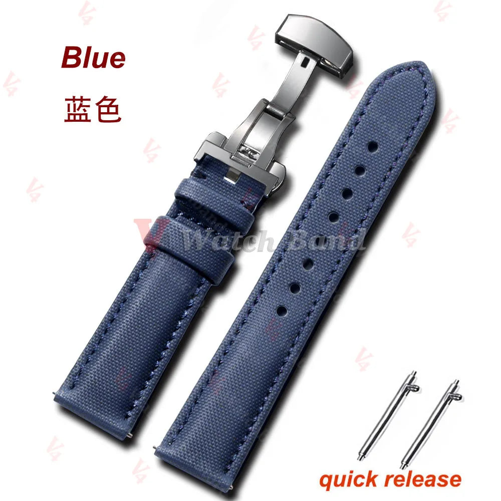 Sailcloth Nylon Leather Watchband for Omega Business Watch Band for Seiko 22mm 20mm Butterfly Buckle Stitching Green Blue Strap
