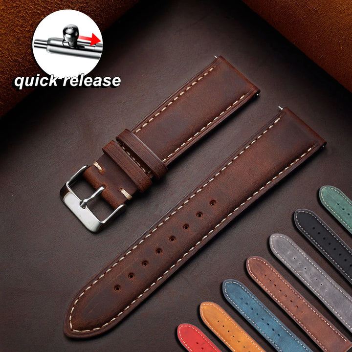 Vintage Dark Brown Cowhide Leather Watch Strap (14–24mm, Quick Release)