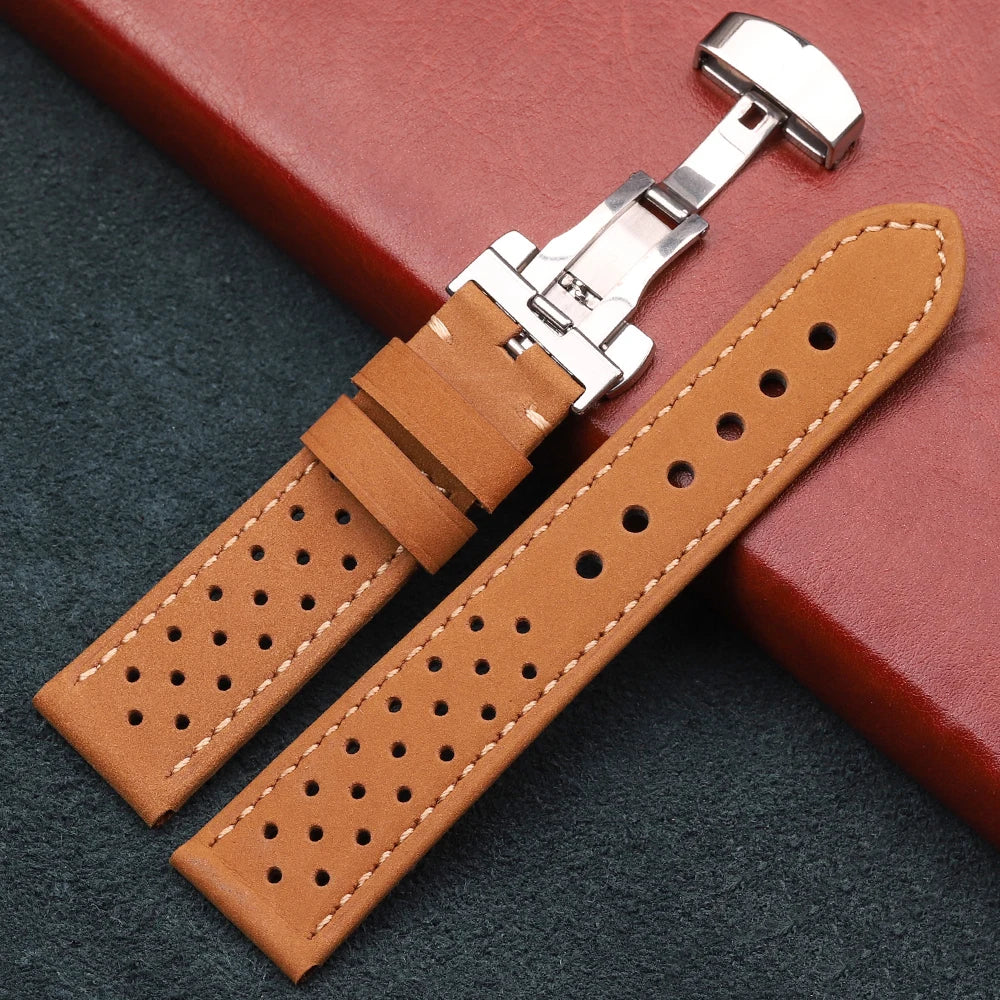 Breathable Genuine Leather Watchband with Deployment Clasp  20mm 22mm 24mm Comfortable Soft Watch Strap