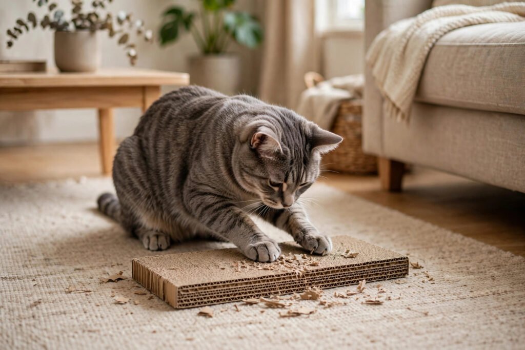 Cat scratching a flat cardboard scratcher on a rug