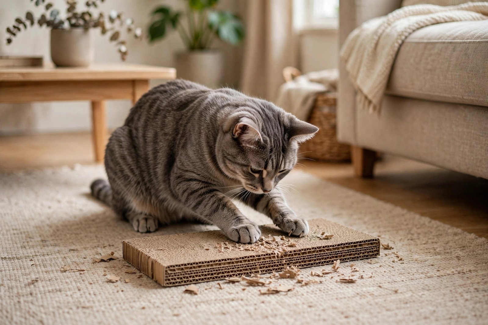 Kitten scratching a flat cardboard scratcher on a living room rug