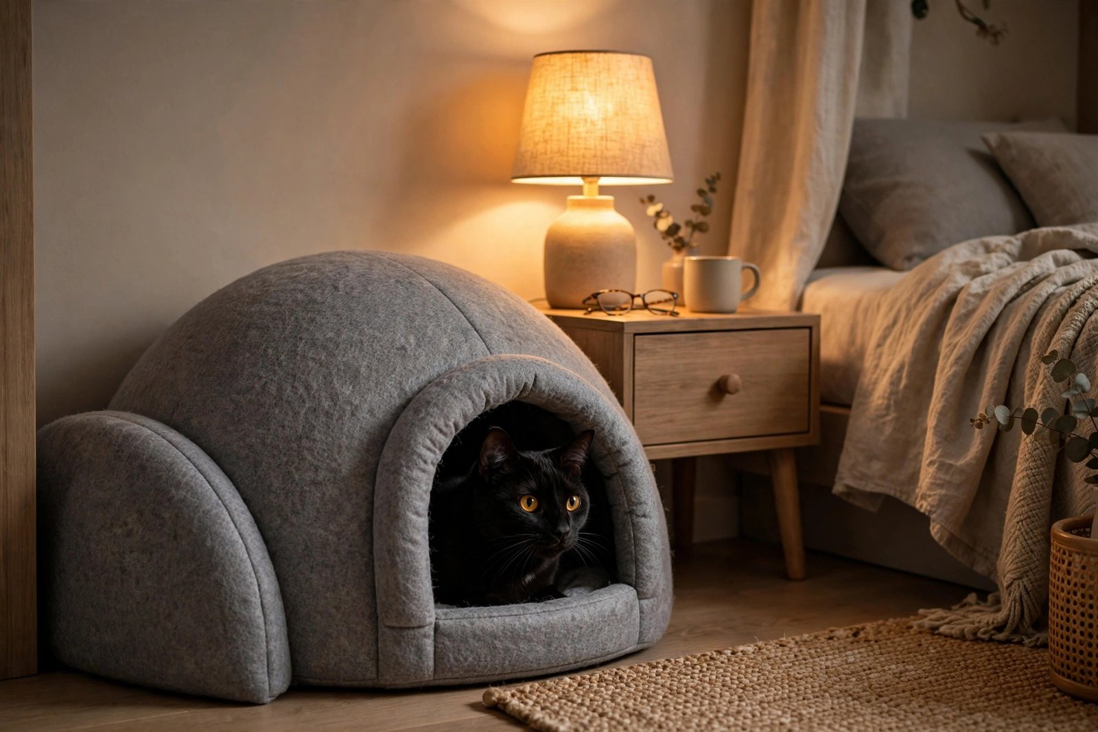 Cat peeking out of a small cave-style bed beside a nightstand
