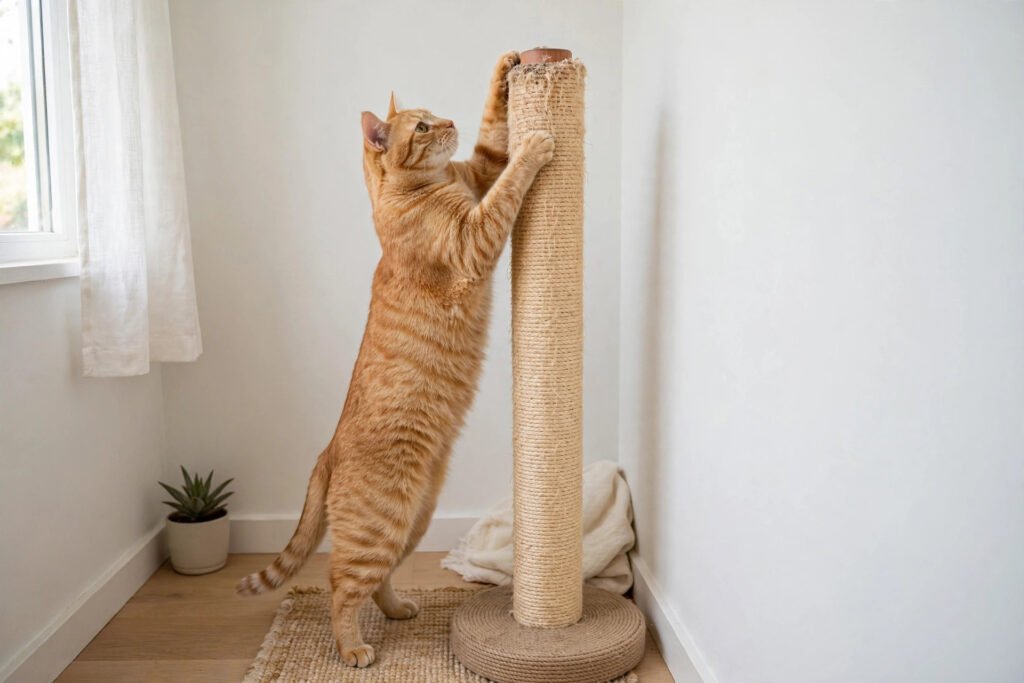 Cat stretching up a tall sisal scratching post