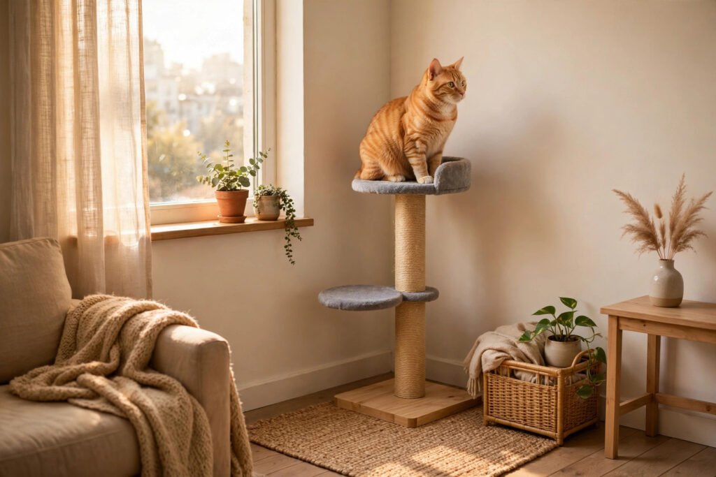 Compact cat tree with perches in a small apartment corner
