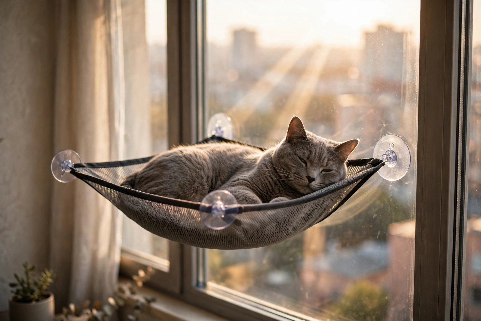 Cat lounging on a window perch in bright sunlight