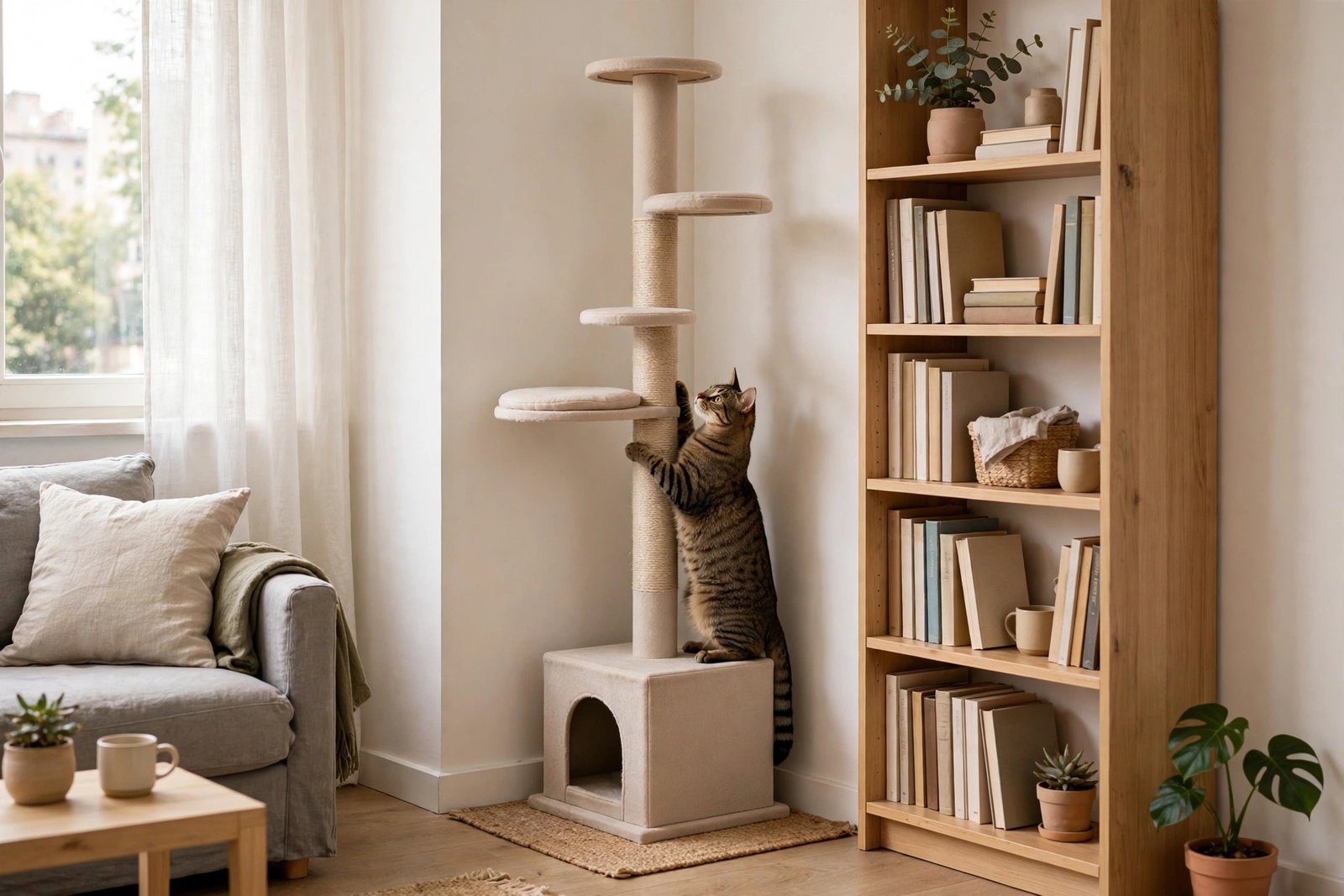 Compact cat tree fitting into an apartment corner