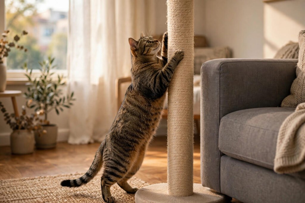 Cat scratching a tall sisal post placed beside a gray couch