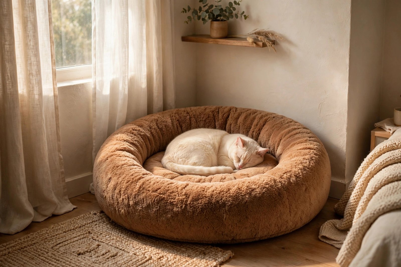 Cat curled up in a donut cuddler bed tucked in an apartment corner