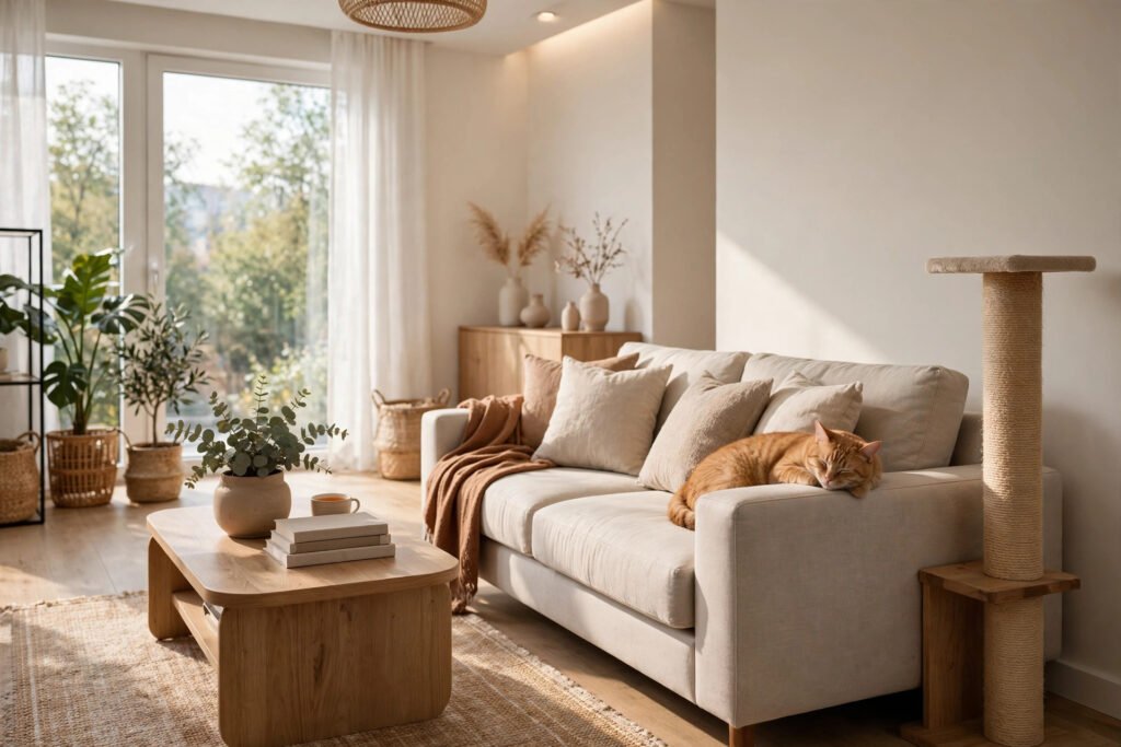 Cat napping peacefully on a couch armrest next to a scratching post