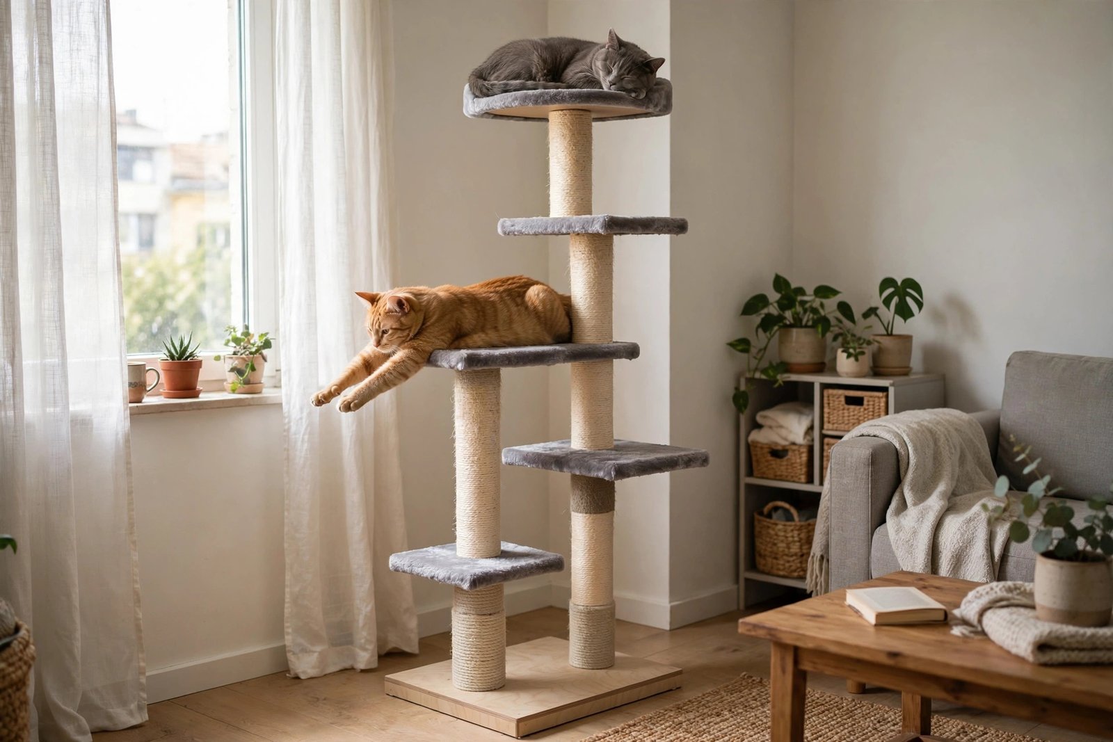 Tall multi-level cat tree with cats on different perches in a small apartment