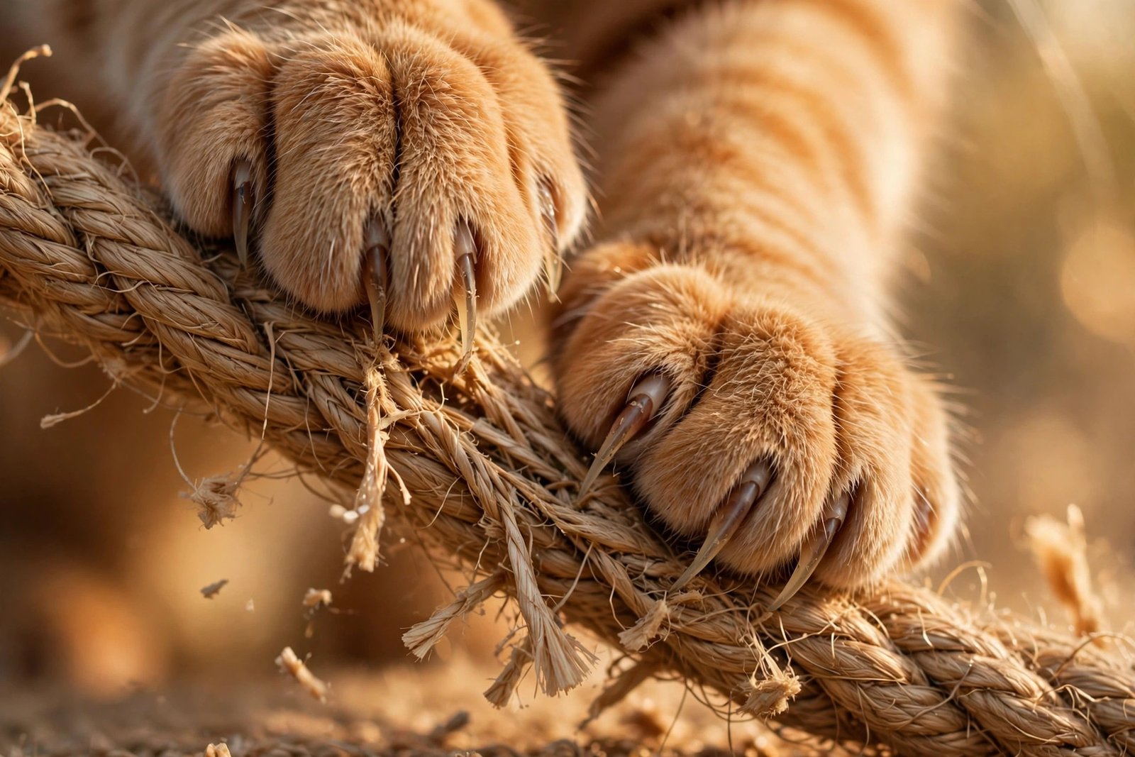 Close-up of cat claws scratching a sisal surface
