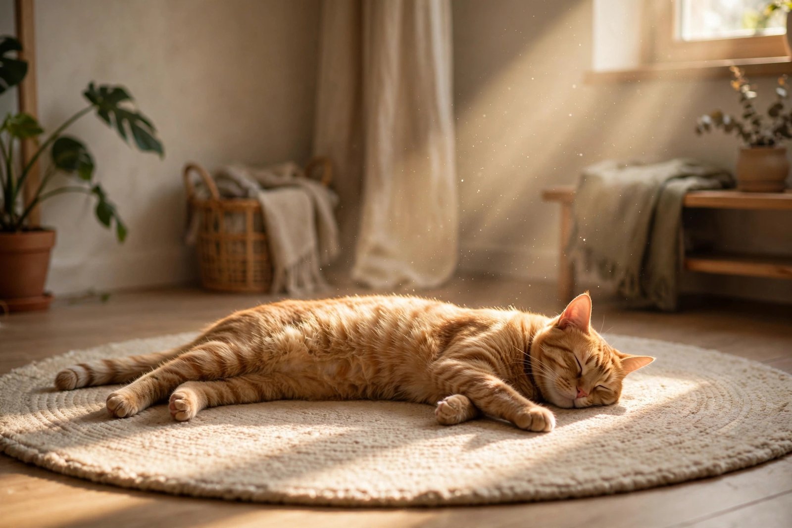 Cat napping stretched out in a warm sunbeam on a rug