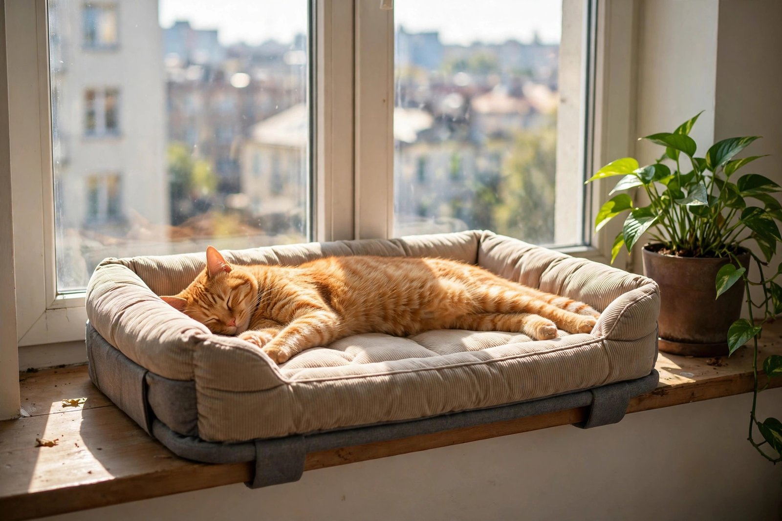 Cat sleeping stretched out in a sunbeam on a window sill bed