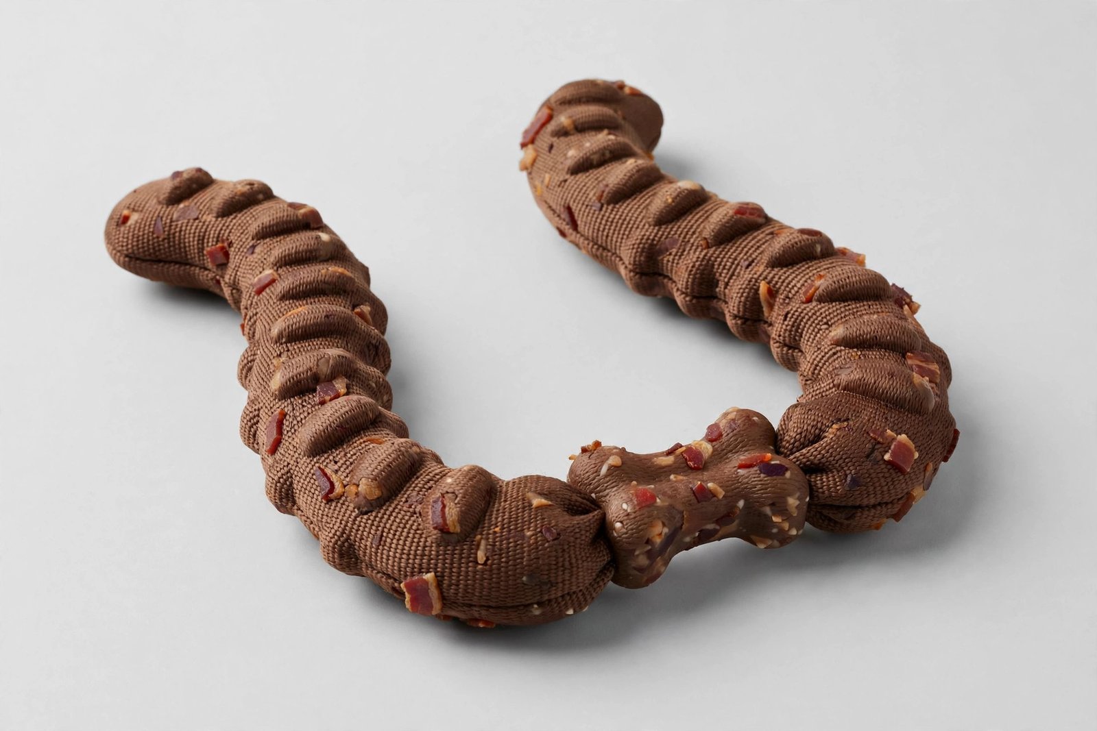 Brown nylon wishbone-shaped dog chew toy, bacon flavor